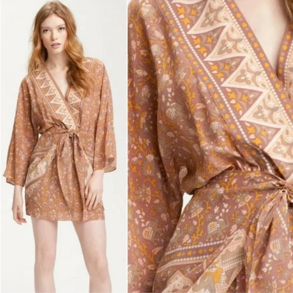 New RARE WINTER KATE Jaya Tan FLORAL Vintage SILK BOHO Mini DRESS L Large